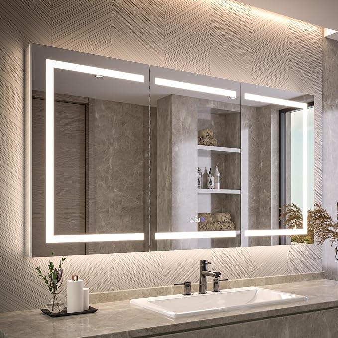 Recessed Medicine Cabinet with Lights, 66x36 Lighted Medicine Cabinet with Mirror, Magnifier, GFCI Outlet, Soft-closed, Front&Backlit, Anti-Fog, Dimmable&Tunable, Sensor Lights, Adjustable Shelves