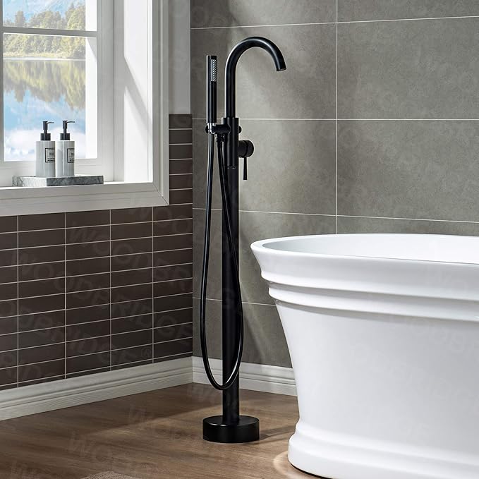 Woodbridge Contemporary Single Handle Floor Mount Freestanding Tub Filler Faucet with Hand Shower in Matte Black Finish,F0006MBRD