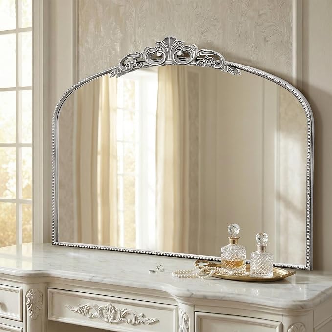 Micasso Vintage Silver Wall Mirror: 40"x29" Baroque Antique Arched Mirror | Traditional Ornate French Decorative Mirror for Bedroom/Bathroom/Fireplace/Entryway/Hallway/Dresser/Vanity/Mantel/Nightstand