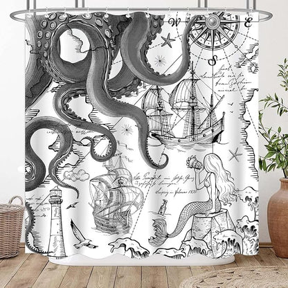 Fungarth Black Gray Nautical Octopus Shower Curtain Grey Mermaid Funny Ocean Kraken Shower Curtains for Bathroom Cool Anchor Coastal Map Waterproof Fabric Bath Curtain with Hooks (Gray, 72” x 72”)