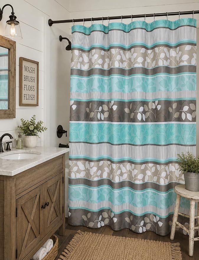 Boho Teal Blue Floral Striped Fabric Bathroom Shower Curtain for Bathroom | 70" x 72", Elegant Bohemian Fabric Striped Floral, Teal Blue Brown Beige White Luxury Hotel Farmhouse Rustic Bathroom Décor