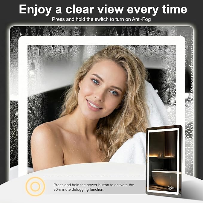 LED Bathroom Mirror with Lights, 24 x 36 Lighted Vanity Wall Mirror | Backlit and Frontlit, Anti-Fog, Dimmable 3 Colors, Shatter-Proof Tempered Glass, Memory Function, Plug-in/Hardwired