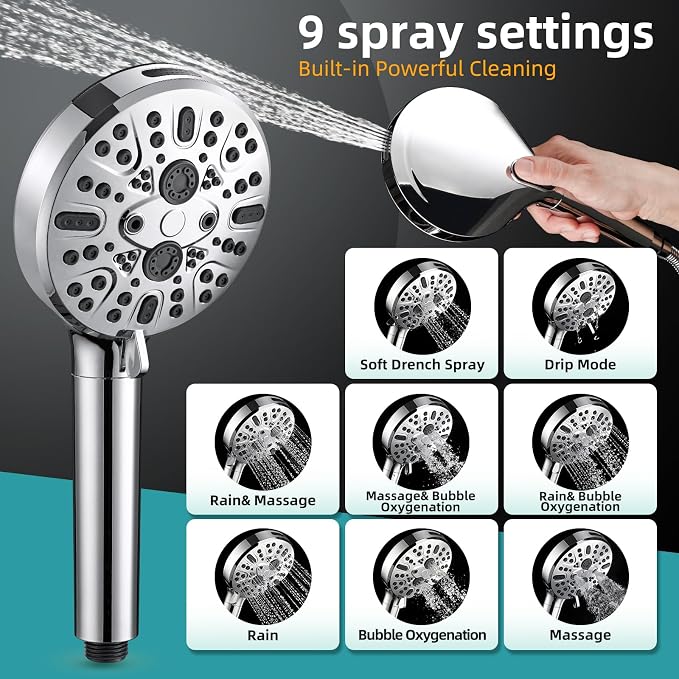 Filtered Shower Head with Handheld - High Pressure 9 Spray Modes Showerhead with 16-Stage Water Softener for Hard Water - Purifying Detachable Hand Held Shower Head, Chrome