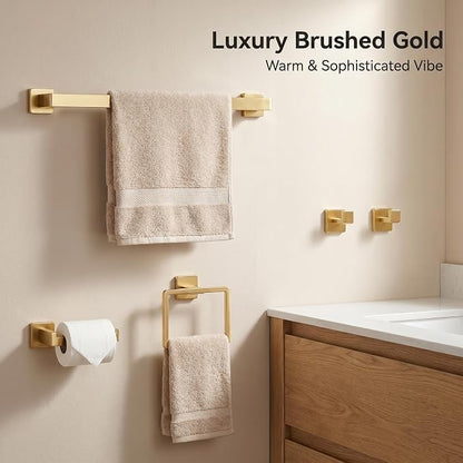 Nevado 10-Piece Wall Mounted Bathroom Hardware Set | Towel Bar, Toilet Paper Holder, Towel Ring& Robe Hook, Brushed Gold Bathroom Accessories, 23.6‑Inch Towel Bar
