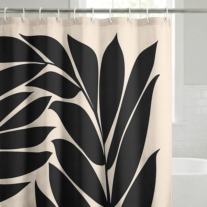 Americanflat 71x74 Botanical Shower Curtain - Water-Resistant Long Shower Curtain with Durable Metal Grommets and 12 Hooks - 100% Polyester - Black and Ivory