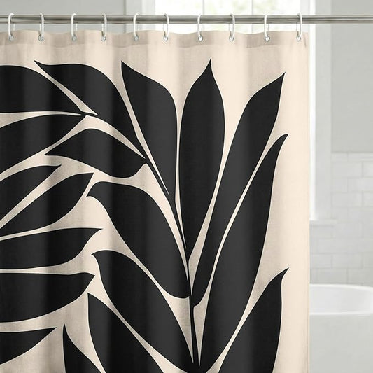 Americanflat 71x74 Botanical Shower Curtain - Water-Resistant Long Shower Curtain with Durable Metal Grommets and 12 Hooks - 100% Polyester - Black and Ivory