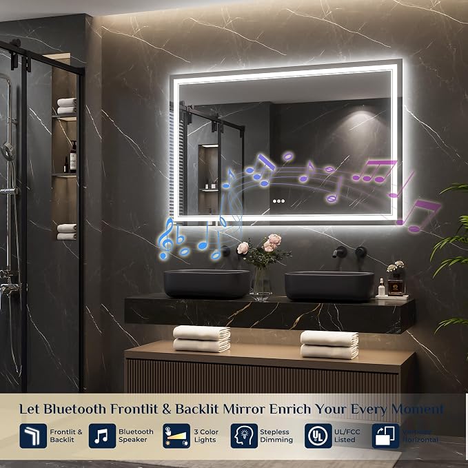 Keonjinn 55 x 36 Inch LED Bathroom Mirror with Lights, Bluetooth Speaker | Frontlit & Backlit Bluetooth Mirror Bathroom, 3000K/4500K/6000K, HD Tempered Glass, Dimmable, Fast & Safe Defogging, CRI90+