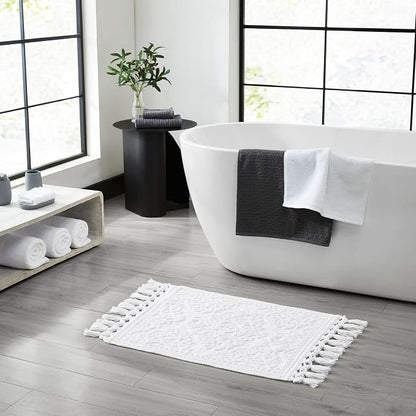 Jean Pierre - Ricardo Bath Mat, Woven Fringe Bathroom Rugs, 100% Cotton, Premium Bathroom Decor - Measures 27" x 52" - White
