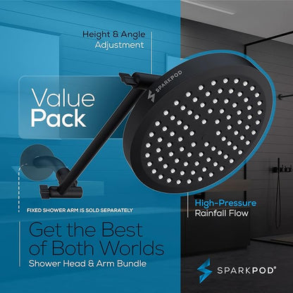 SparkPod 6" Round Rain Shower Head with 11" Shower Arm | Shower Head & Extension Arm Combo, Height Adjustable, High Pressure Performance, Easy 1-Minute Installation, Black Matte
