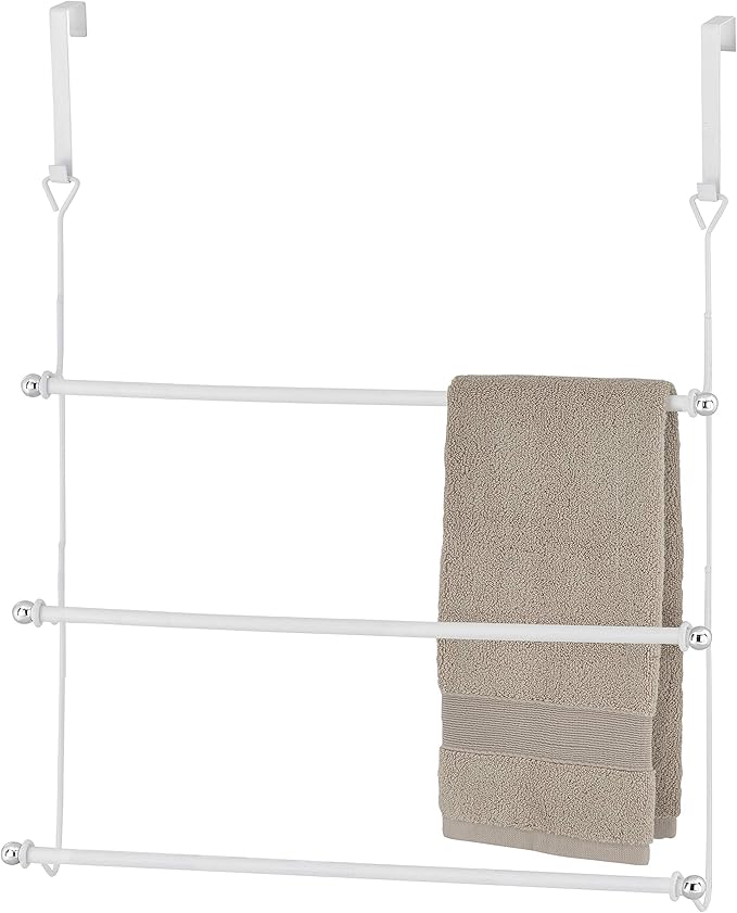 MyGift 3 Tier Over Door Towel Holder White Metal Bathroom Drying Rack | Three Level Storage, Space Saving Design, Easy Door Mounting, Bath Linen Organization, Compact Home Solution