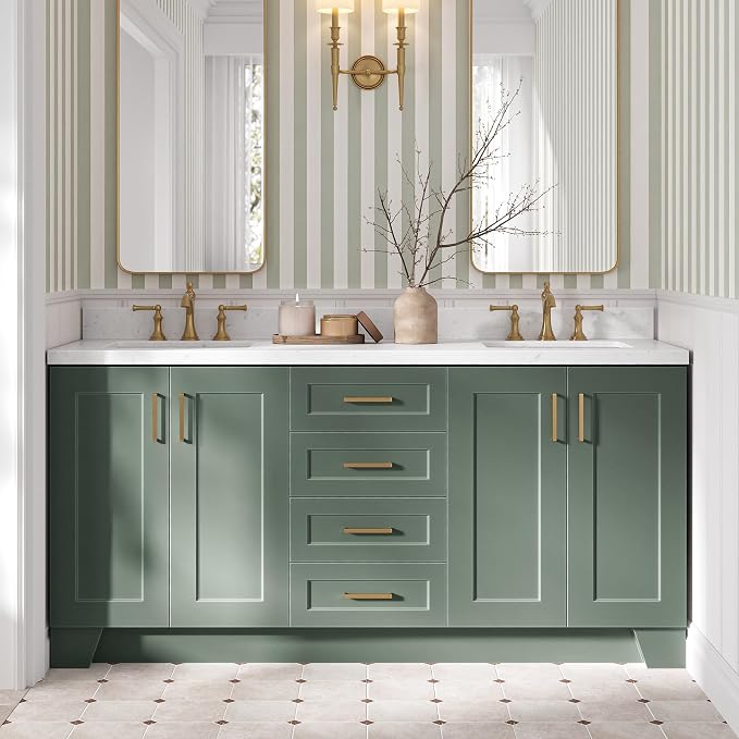 ARIEL Taylor 72-inch Bathroom Vanity with Sink,Solid Wood, 1.5-inch Carrara White Quartz Countertop, Double Rectangular Porcelain Sink, Soft Closing Doors, Dovetail Drawers, Vintage Green
