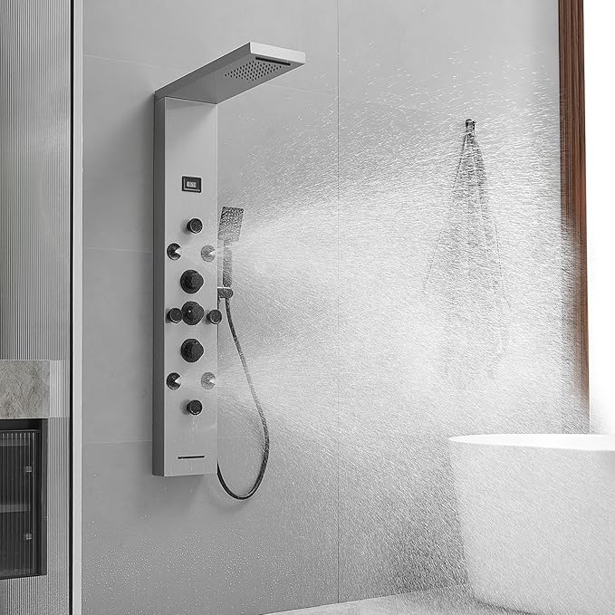 Shower Panel Rain Massage System with Adjustable Body Jets Mist Spray 6 in 1 Functions, Wall-Mount Shower Column Bathroom Shower Panel Tower System, Brushed Nickel and Black