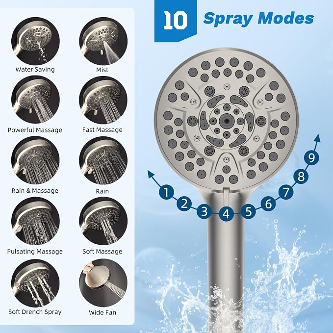 Hibbent 10" Dual Filtered 10" Rainfall Shower Head with Handheld 10-Spray | High Pressure Metal Brushed Nickel Showerhead Combo with Filter, Extension Arm with 4-way Diverter, 71'' Hose & Holder
