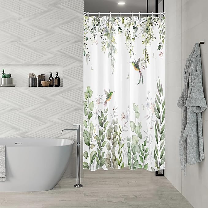 HVEST Sage Green Eucalyptus Shower Curtain for Bathroom, Spring Green Leaf and Pink Floral with Hummingbird on White Shower Curtain with Hooks Botanical Bathroom Curtains Shower Set, 48W X 72L inches