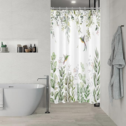 HVEST Sage Green Eucalyptus Shower Curtain for Bathroom, Spring Green Leaf and Pink Floral with Hummingbird on White Shower Curtain with Hooks Botanical Bathroom Curtains Shower Set, 48W X 72L inches