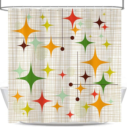 Mid Century Modern Shower Curtain, Retro Abstract Geometric Design Bath Curtains for Bathroom, Boho Colorful Unique Stars Pattern Decor Waterproof Fabric Shower Curtain Sets 12 Hooks 72X72 in