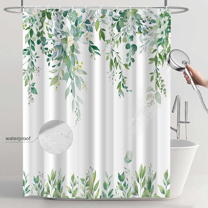 Light Green Floral Eucalyptus Shower Curtain with Hooks, 72x84 Inch | Waterproof Fabric, Watercolor Leaves and Floral, Botanical Style, Machine Washable, Quick-Drying, for Hotel Bathroom