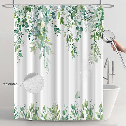 Light Green Floral Eucalyptus Shower Curtain with Hooks, 72x84 Inch | Waterproof Fabric, Watercolor Leaves and Floral, Botanical Style, Machine Washable, Quick-Drying, for Hotel Bathroom