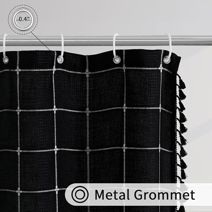 Long Boho Farmhouse Shower Curtain for Bathroom 72x78 | Long French Country Plaid Tassel Shower Curtain, Rustic Aesthetic Bathroom Decor Windows Curtain, Black