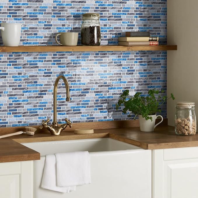 Alwayspon 10 Sheets 12" x12inch Grey and Blue Marble Effect Vinyl Tiles, Backsplash, Self-Adhesive Peel and Stick Wall Tile Stickers, Stick on Subway Tiles for Kitchen Bathroom Wall Decor