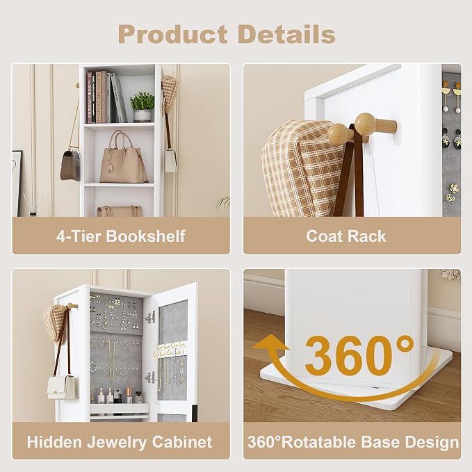 360° Rotating Makeup Jewelry Armoire Cabinet, Mirror Jewelry Cabinet Standing with a Full-Length Mirror, Storage Cabinet a Coat Rack, 4 Layers of Open 2 Layers of Built-In Shelves for Bedroom