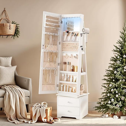 HOOBRO 360° Swivel Jewelry Cabinet with LED Lights, Standing Jewelry Armoire with 2 Drawers, Rotatable Full-Length Mirror Jewelry Organizer, Lockable Jewelry Storage Cabinet Makeup Brush Boxes, White