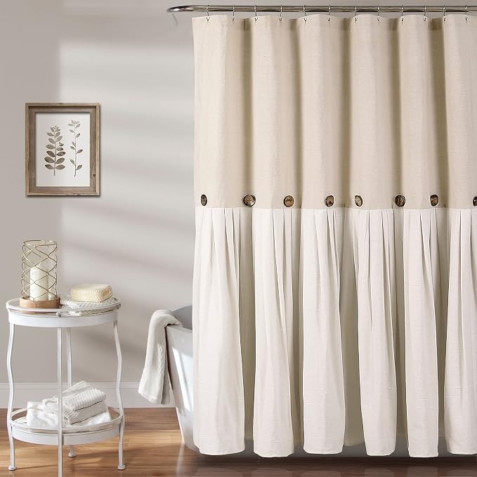 Lush Decor Linen Button Farmhouse Shower Curtain, 72" W x 78" L, Gray & Off White - Extra Long Shower Curtains - Gray Shower Curtain Fabric - Farmhouse Bathroom Decor