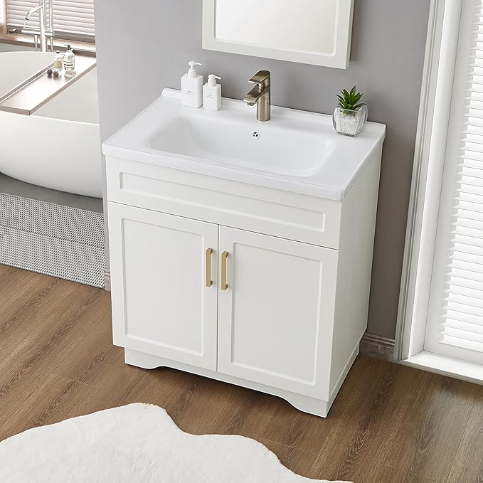 Bathroom Vanity with Ceramic Sink, Bathroom Vanity Cabinet with 2 Doors, 32 Inches Wooden Cabinet with Sink, White