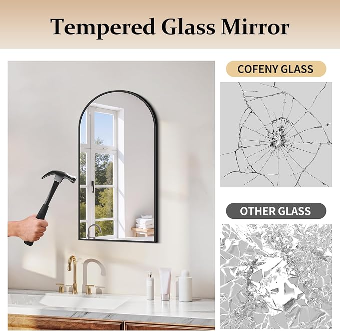 COFENY Arched Mirror, 18’’x36’’ Black Arch Mirror for Bathroom, Arched Bathroom Mirror with Frame, Modern Wall Mounted Mirror for Over Sink Mantle Bedroom Vanity Living Room Entryway