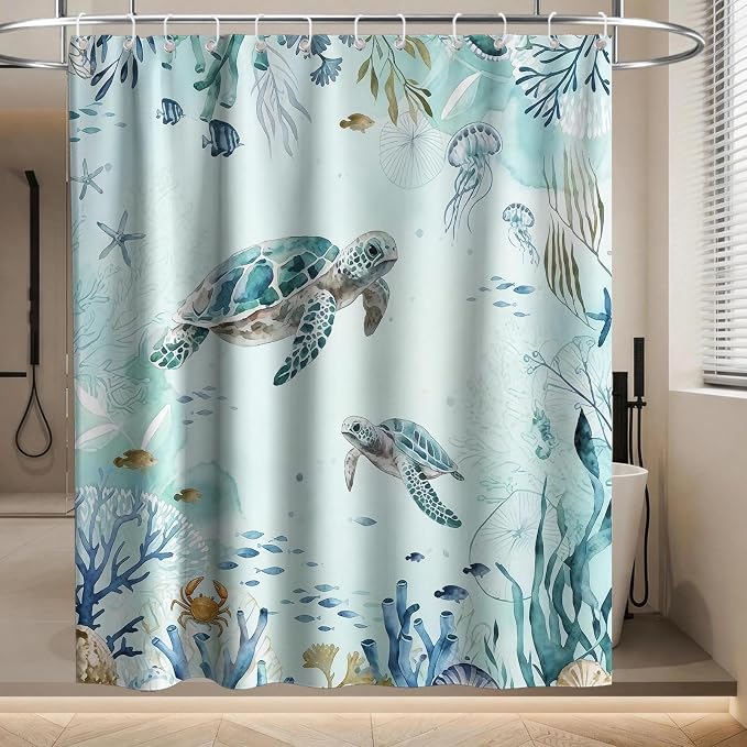 Cute Ocean Sea Turtle Shower Curtain Modern Nautical Kids Tropical Luxury | Nature Shower Curtains for Bathroom, Waterproof Bath Curtain with Hooks Machine Washable Bathtub Curtains 72x84 Inch Blue