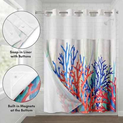 Americanflat 72x75 Hookless Shower Curtain - Water-Resistant Coral Reef Shower Curtain with Sheer Panel, Snap-in Liner, and Grommets - 100% Polyester - Cobalt Blue, Coral Red, Seafoam Green and White
