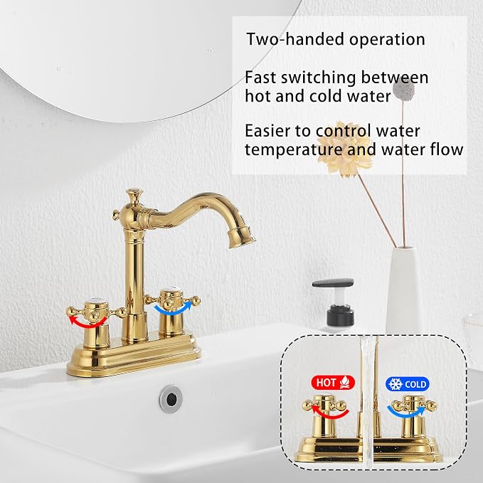 Bathroom Faucet Polished Gold 2 Handles 4 Inches Centerset Bathroom Vanity with Drain Assembly and Supply Hose Lavatory Faucet