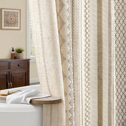 Natural Linen Boho Shower Curtain,72" W x 72" L | Linen Striped Print and Twine-Inspired Woven Center for Bathroom