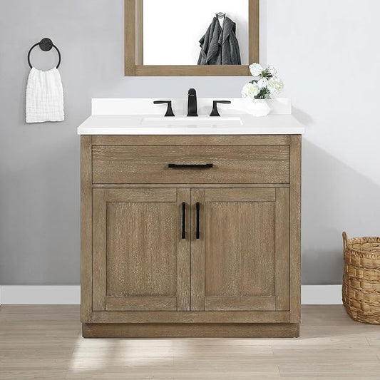 OVE Decors Bailey 36 in. Single Sink Freestanding Driftwood Oak Bathroom Vanity with White Quartz Top and Matching Backsplash