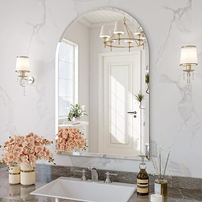 Frameless Bathroom Mirror, 20"x30" Beveled Arched Vanity Mirrors | Frameless, 15mm beveled edge, 5mm HD glass, shatterproof, anti-rust, french cleat, for bathroom/bedroom/entryway