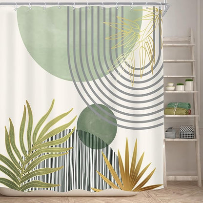 Mid Century Mint Green Boho Abstract Modern Bathroom Shower Curtain Set | 72Wx72L Plant design, waterproof HD print with fast-drying fabric and 12 hooks.