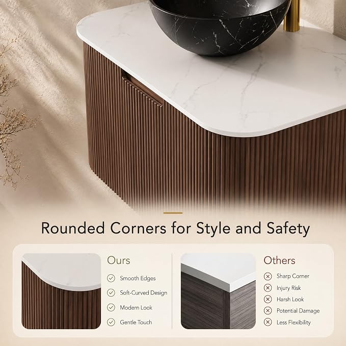 30 Inch Bathroom Vanity with Sink, Floating Wall Mounted Single Sink Vanity, Dark Walnut Curved Fluted Front, Stone Top, Black Marble Vessel Basin, Pre-Assembled