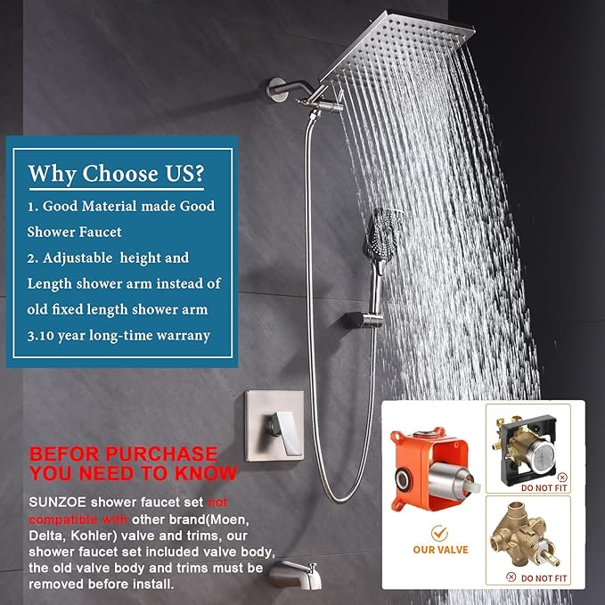 Shower Faucet Set with Tub Spout Brushed Nickel 10 Inch Rainfall Shower 4 Setting Spray Mixer Shower System Modern Luxury Wall Mounted Tub Shower Faucet Set Rough-in Valve Body (Brushed Nickel)