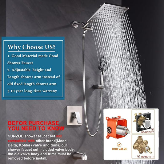 Shower Faucet Set with Tub Spout Brushed Nickel 10 Inch Rainfall Shower 4 Setting Spray Mixer Shower System Modern Luxury Wall Mounted Tub Shower Faucet Set Rough-in Valve Body (Brushed Nickel)