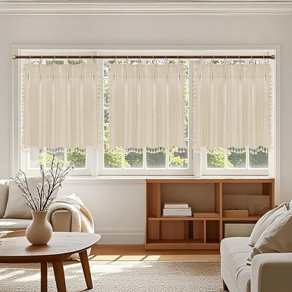 Seenus Beige Boho Farmhouse Window Curtain with Tassels, 30 x 24 Inch Light Filtering Sheer Short Cafe Window Curtain Tier, Linen Textured Pleated Small Window Drape for Kitchen or Bathroom, 1 Panel