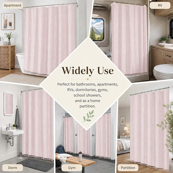 OVZME Pink Shower Curtain for Bathroom, Puff Printed Textured Shower Curtain with Tassels, Rustic Geometry Heavy Duty Vintage Country Bathroom Curtain, Water Resistant Fabric, 72Wx72L Inches