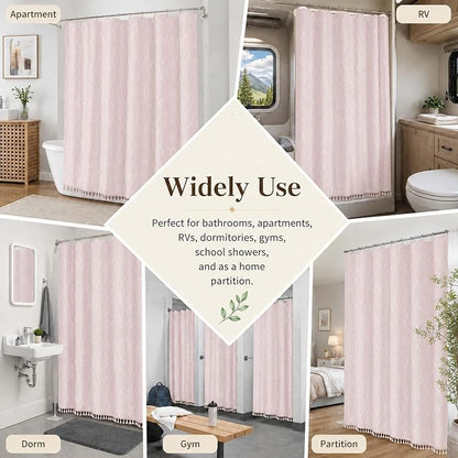 OVZME Pink Shower Curtain for Bathroom, Puff Printed Textured Shower Curtain with Tassels, Rustic Geometry Heavy Duty Vintage Country Bathroom Curtain, Water Resistant Fabric, 72Wx72L Inches