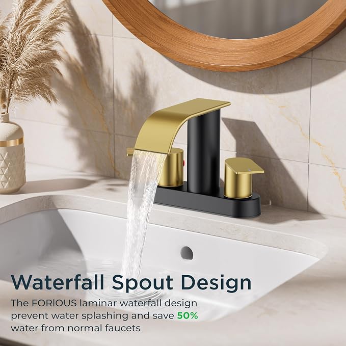 FORIOUS Bathroom Faucet 4 Inch Centerset 2 Hole Waterfall Black and Gold | Bathroom Sink Faucet 2 Handles with Pop up Drain and cUPC Hose, Lead-Free, Suitable for RV Vanity Lavatory and Restroom