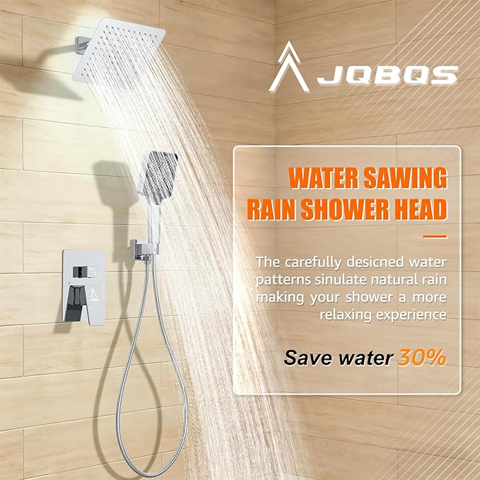 Shower System Modern Rain 8 inches Brass Faucet Set With Valve and Diverter Shower Mixer With Handheld High Pressure Square Rainfall Shower Valve (8'' Wall Mount, Chrome Polished)