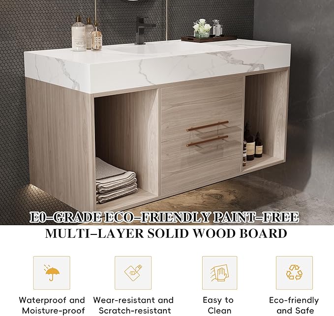 40 inch Modern Floating Bathroom Vanity with Sink, Wall Mounted Bathroom Cabinet with Ceramic Sink, Sintered Stone Countertop, 2 Soft Closing Drawers & Open Storage Shelf, Light Oak