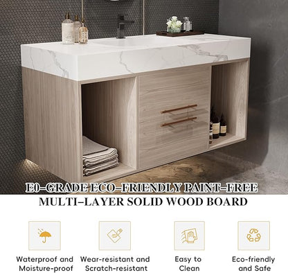 40 inch Modern Floating Bathroom Vanity with Sink, Wall Mounted Bathroom Cabinet with Ceramic Sink, Sintered Stone Countertop, 2 Soft Closing Drawers & Open Storage Shelf, Light Oak