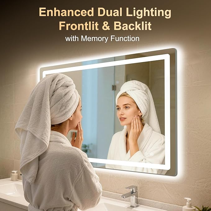 LED Bathroom Mirror, 30"x40" Bathroom Vanity Mirror with Lights for Wall, Smart Anti-Fog, Stepless Dimmable with 3 Color Mode, Backlit + Front Lit, Memory Function, ETL Listed