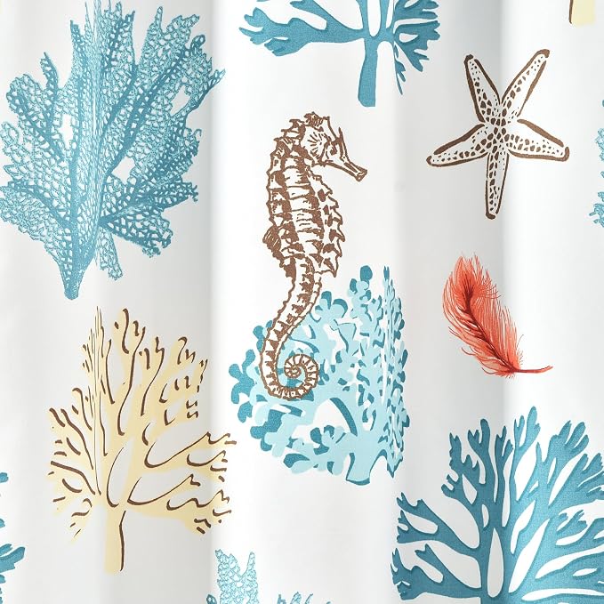 Lush Decor Coastal Reef Feather Shower Curtain, 72" W x 72" L, Blue & Coral - Coastal Shower Curtain - Fabric Curtains - Ocean Bathroom Decor - Beach House - Beachy Room