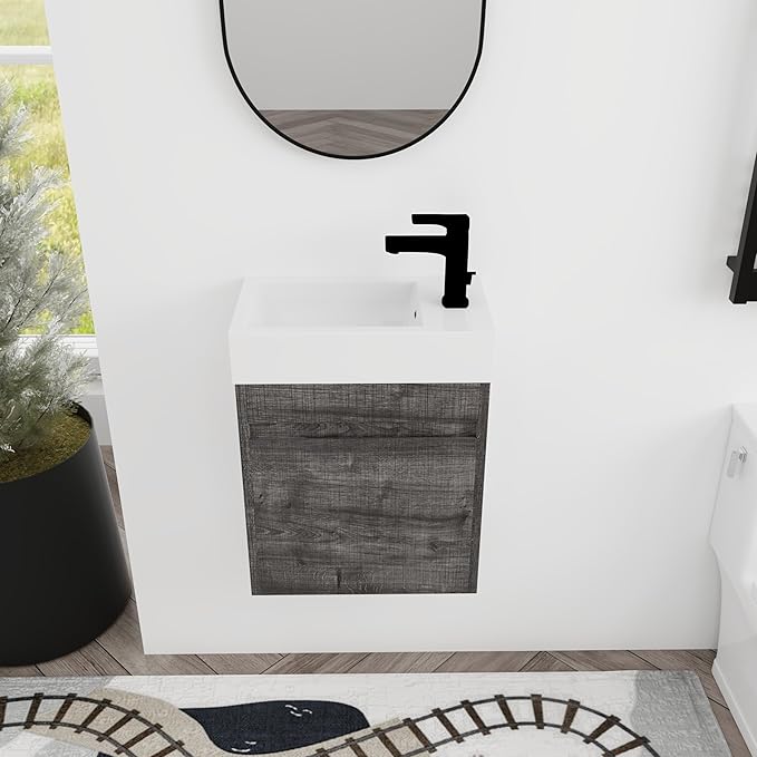 18" Floating Wall-Mount Bathroom Vanity with Ceramic Sink - Space-Saving Design, Soft-Close Doors & Waterproof Storage Cabinet for Small Bathrooms