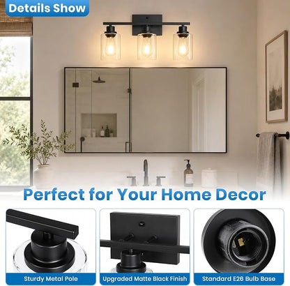 Ascher 3 Light Bathroom Light Fixture, Matte Black Bathroom Lighting Fixtures Over Mirror, Vanity Light with Clear Glass Shade, Wall Sconce for Living Room Bedroom Cabinet, E26 Base